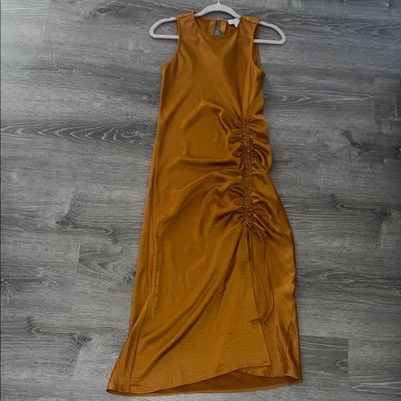 house of harlow ruched dress House of Harlow 1960 Ruched Side Cut-out Circl Satin Slip Maxi Dress in Pink S